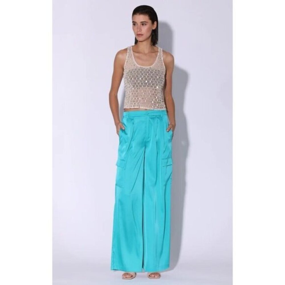 Walter Baker Denver Pant Turquoise Blue Wide Leg High Rise Satin SZ M NWT $198